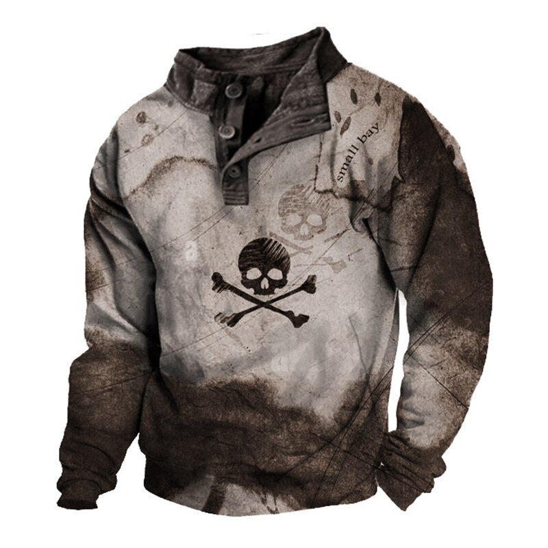 Bonsir Streetwear Mens Fashion Skull Printing Tops Autumn Winter Long Sleeve Buttoned Stand Collar Pullovers Casual Mens T-Shirts