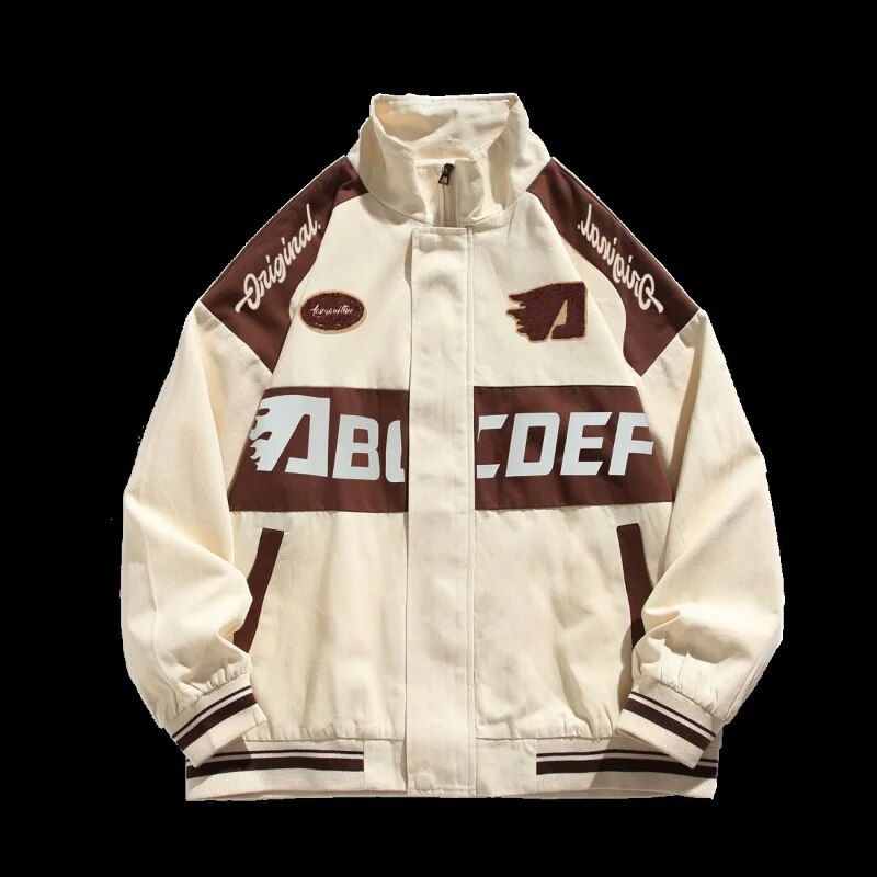 Bonsir American Vintage Racing Jacket Men Cycling Lapel Jacket Women BF Letter Varsity Coat Oversize High Street Vibe Baseball Uniform