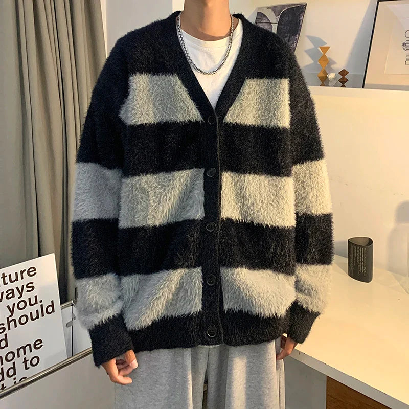 Bonsir Male Cardigans Vintage Retro Sweater Men's Knitted Contrast Color Sweater Winter Warm Casual Korean Streetwear Harajuku F140