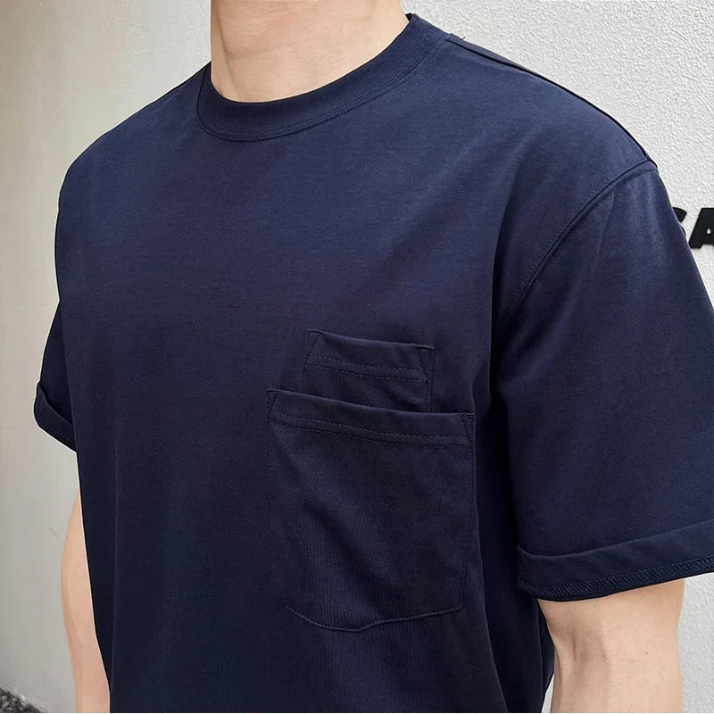 sanyamk - Trendy Pockets Pure Color Cotton T Shirt Men Short Sleeve O Neck Casual Tees For Male Summer Fashion Simple Loose Mens T-shirts