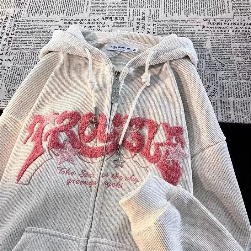 Bonsir Y2K Embroidered Hoodie Women Corduroy Autumn Winter Vintage Zip Up Oversized Sweatshirt Harajuku Long Sleeve Hooded