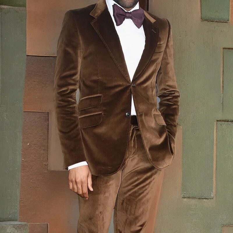 sanyamk Brown Velvet Prom Suits for Men Slim Fit 2 Piece Wedding Groom Tuxedos Male Suit Jacket with Pants Fashion Notched Lapel Blazer
