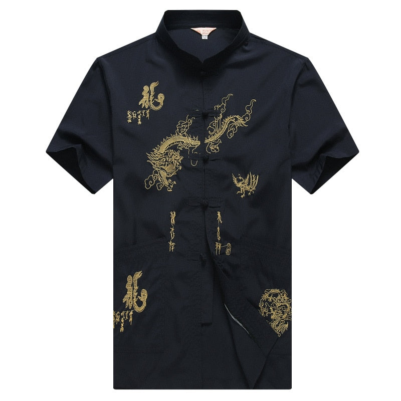 sanyamk Chinese Men Cotton Kung Fu Suit Embroidery Wu Shu Uniform Tai Chi Clothing Short Sleeve Shirt+Pant M L XL XXL XXXL MS013