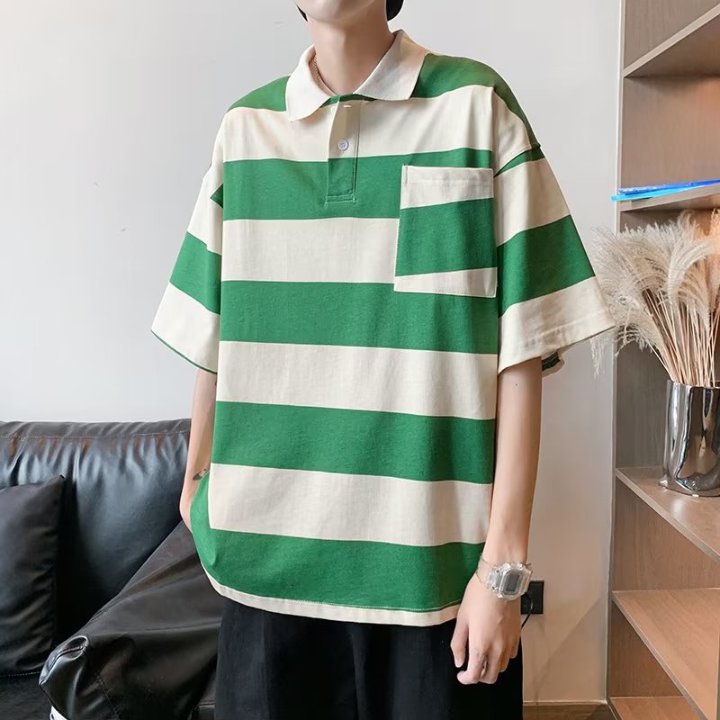 sanyamk Japanese streetwear Футболки fashion loose short-sleeved POLO shirt men's ins tide brand design pocket striped T-shirt