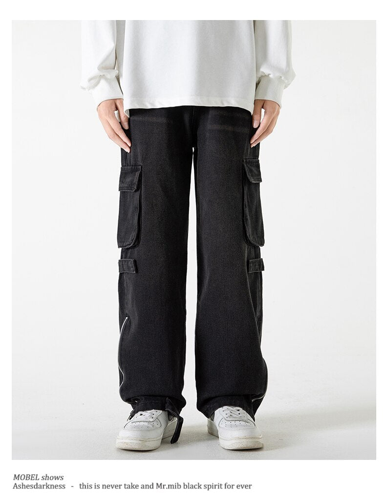 Bonsir Baggy Cargo Jeans big pocket Trousers Male Denim Pants Flared Pant women's Jeans Loose Casual Streetwear Hip Hop Harajuku