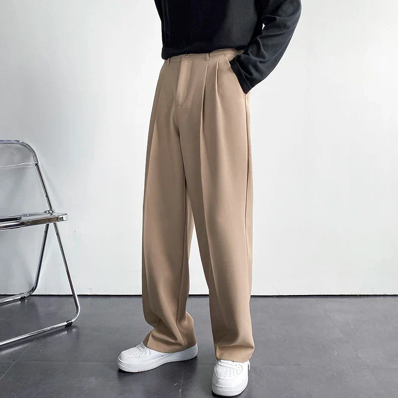 sanyamk - New Fashion Men's Oversize Suit Pants Wide Leg Long Drape Trousers Solid Straight High Waist Casual Pant Black White Khaki