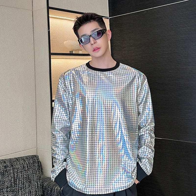 sanyamk - Korean Men's Round Collar T-shirt Fashion Bright Face Design Plaid Trend Long Sleeve T-shirts Pullover Top Trend 9C5122