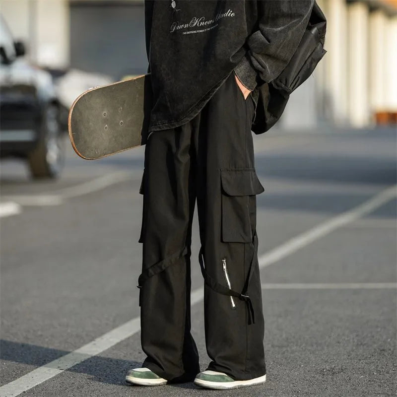 sanyamk Korean Version Vintage High Street Casual Work Pants Men's Students Solid Elastic Waist Pockets Loose Wide Leg Straight Trousers