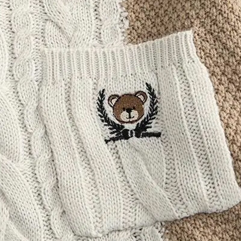 Bonsir Sweater Men Winter New Japanese Bear Embroidery Pocket Knit Pullovers Woman Vintage Hip Hop Streetwear Oversized Sweater