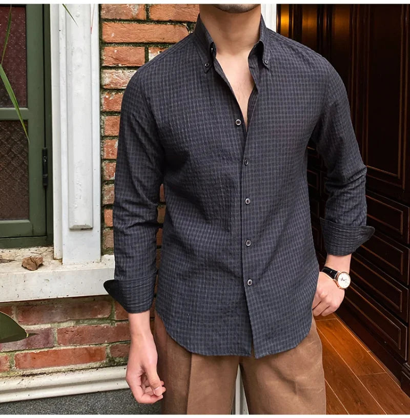 sanyamk - Men Gentlemen Seersucker Casual Long-sleeved Shirt Retro Breathable Anti Wrinkle Shirt Italian Slimming Trend Camiseta Masculina