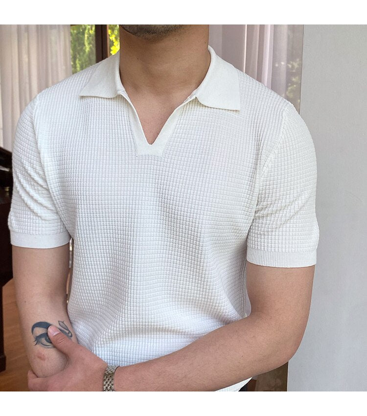 sanyamk Summer New V-neck Men's Solid Color Short-sleeved T-shirt British Slim Lapel Knitted Striped Casual Polo Shirt