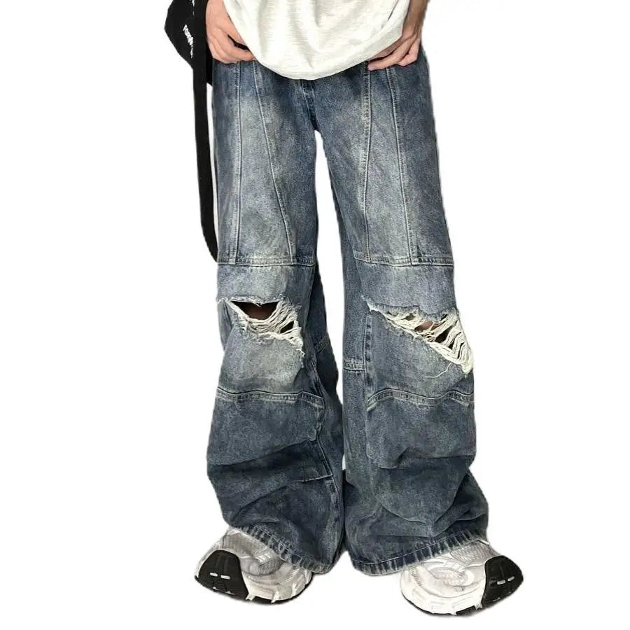 sanyamk Autumn High Street Retro Men and Women Trendy Personalized Straight Tube Washed Jeans Couple Loose Hip Hop Wide Leg Casual Pants