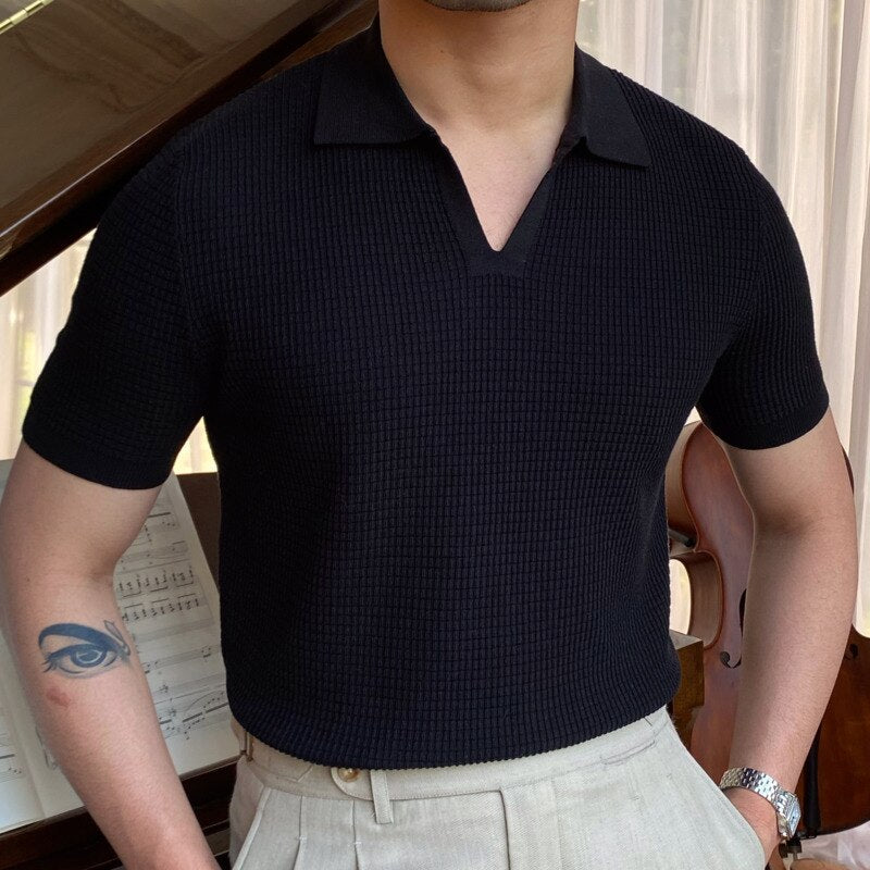 sanyamk Summer New V-neck Men's Solid Color Short-sleeved T-shirt British Slim Lapel Knitted Striped Casual Polo Shirt