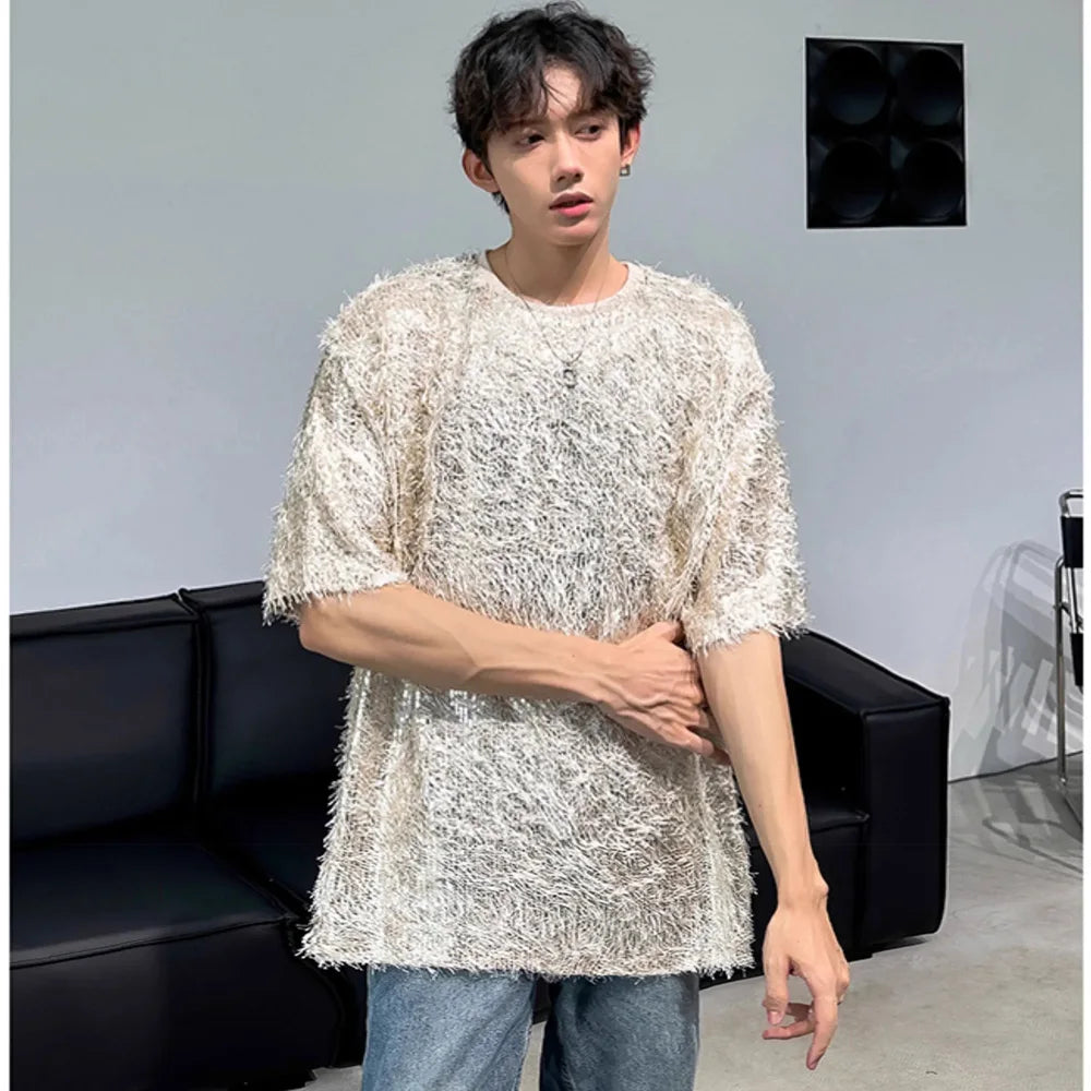 sanyamk - Men Women Sequin Tassels Stage Fashion Show Loose Casual Short Sleeve Tee Shirts Unisex T-shirt Party Clothing Couple Tshirts