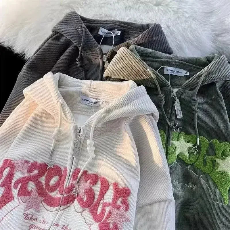 Bonsir Y2K Embroidered Hoodie Women Corduroy Autumn Winter Vintage Zip Up Oversized Sweatshirt Harajuku Long Sleeve Hooded