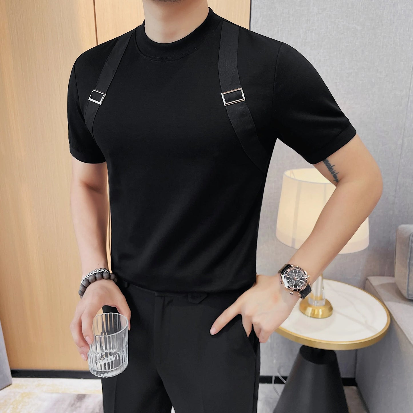 sanyamk - Chic Men's Straps T-shirts Short Sleeve Tee Black White Cotton Stretch Casual Slim FIt Clothing Fashion Summer Tops Man