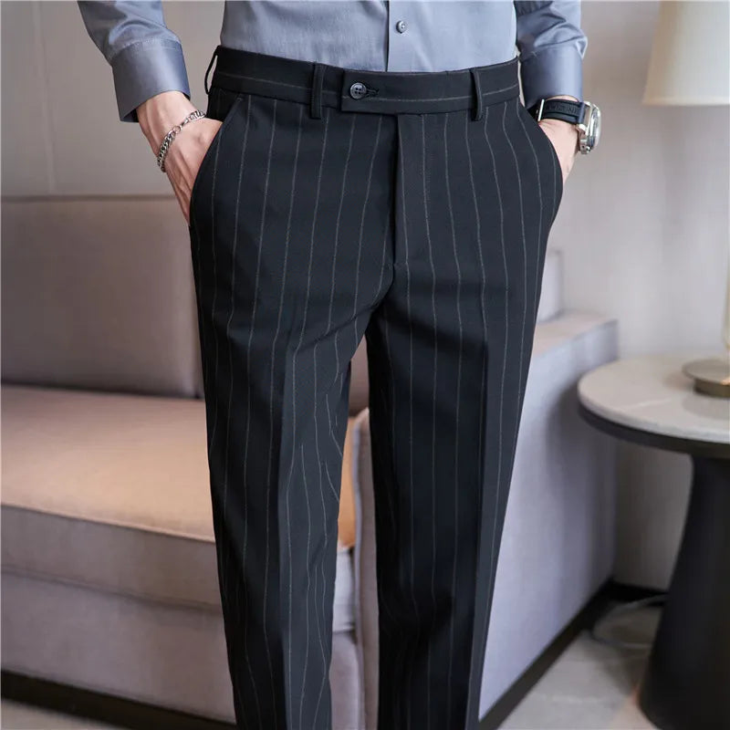 sanyamk England Style Men's Casual Striped Suit Pants Stretch Business Casual Long Slim Fit Trousers Black Blue Pencil Pants for Man