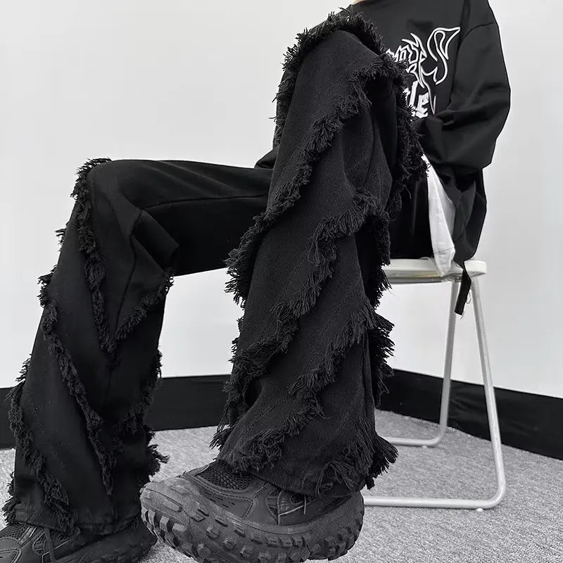 sanyamk Gothic Style Factory Tassels Versatile Slim Edge Washed Denim Casual Flare Men Pants Darkwear Solid Color Male Trousers