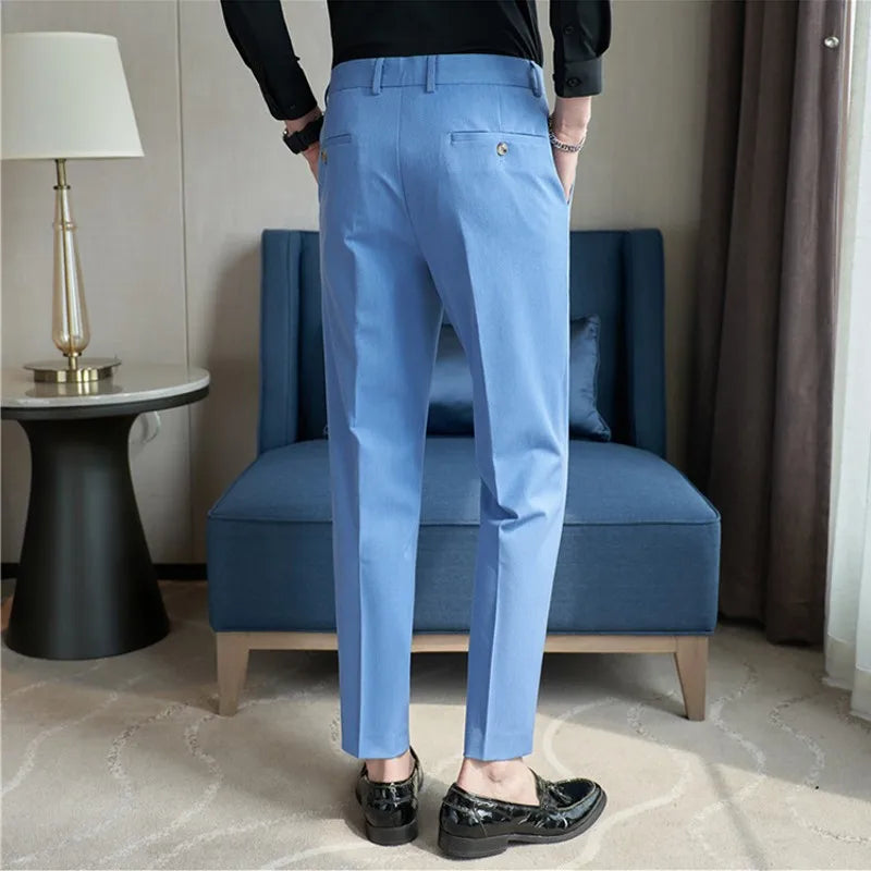 sanyamk - New Fashion Men's Pencil Pants Slim Fit Stretch Trousers Solid Korean Style Handsome Wedding Business Work Casual Suit Pant