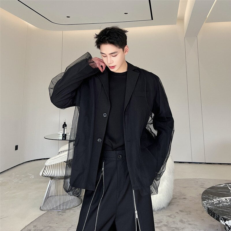 sanyamk IEFB New Trend Mesh Patchwork Suit Jacket Male Balzers Lapel Solid Color Niche Design Men's Clothing Single Breasted Top 9A7670