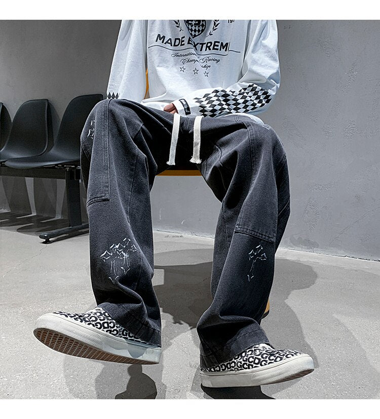 sanyamk Washed Blue Mopping Jeans Men Hiphop Casual Loose Straight Wide Leg Printed Cross Overalls Casual Denim Trousers Four Seasons