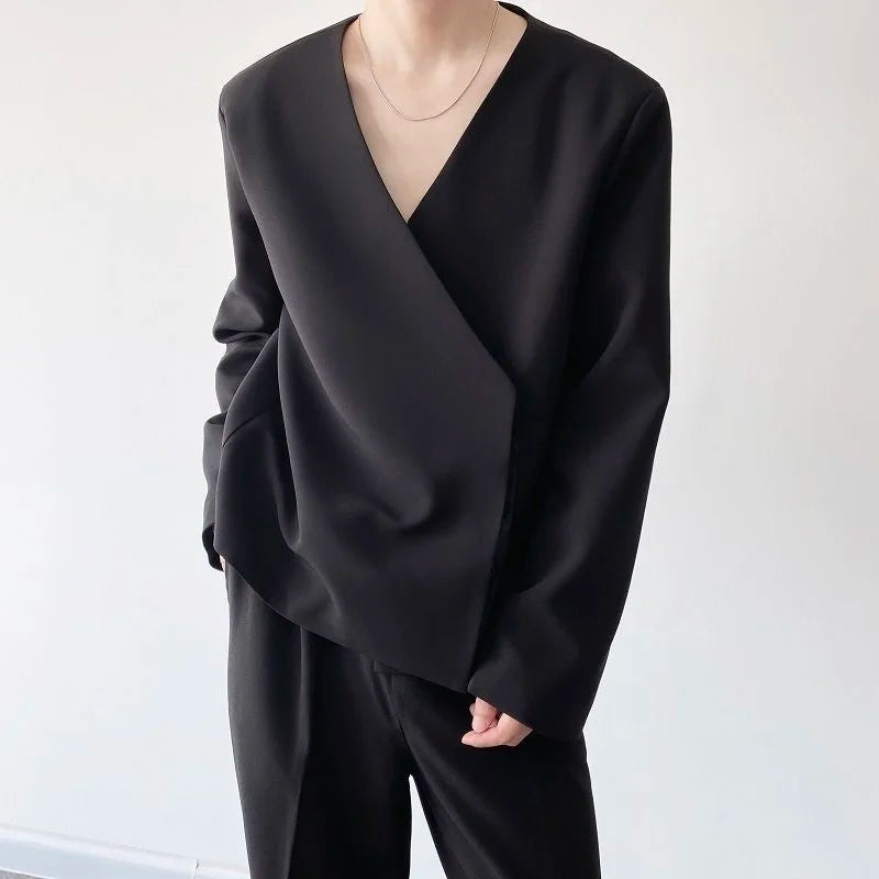 sanyamk - Personality Spring Men's Collarless Short Suit Coat New Simple Trend Black Oversized Asymmetric Breasted Clothes Y2242