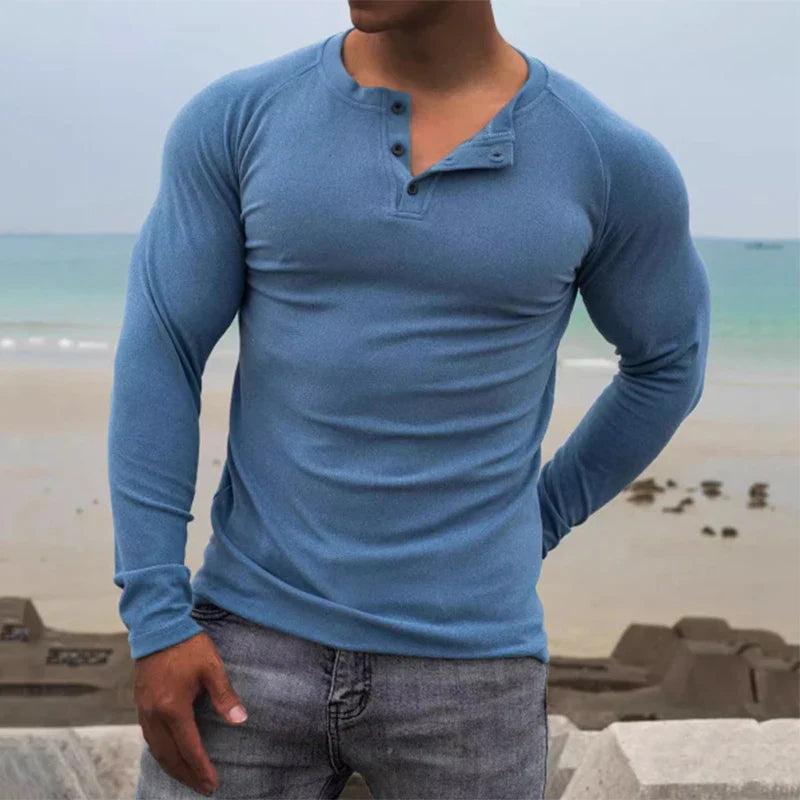 BONSIR - Male Fashion Crew Neck Buttoned Top Spring Autumn Long Sleeve Basic Pullover Men Clothing Simple Solid Color Skinny t Shirts