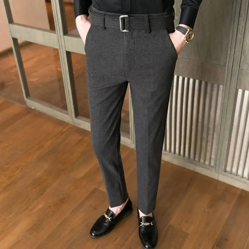 BONSIR - Autumn and Winter Men's Fashion Solid Color Fabric Casual Thickened Wool Business Brushed Straight Tube Versatile Pants