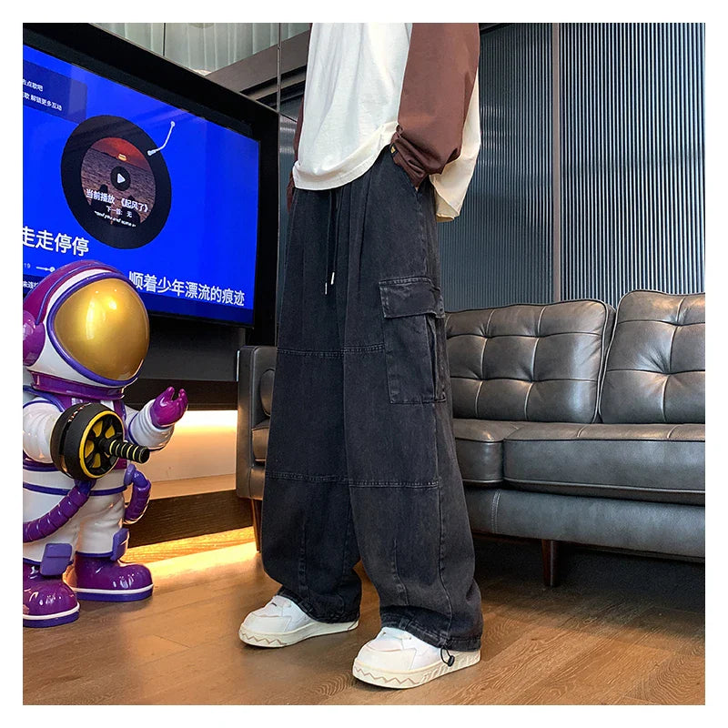 BONSIR - Multi-Pocket Washed Cargo Pants Men Women Y2K Vintage Streetwear Loose Oversized Straight Wide-Leg Jeans Dark Green/Purple