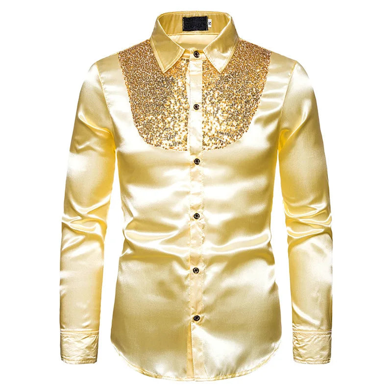 sanyamk Men's Shirt Sequin Lapel Solid Color Slim Fitting Business Casual For Wedding Banquet Performance Men Suit Long Sleeved Shirt