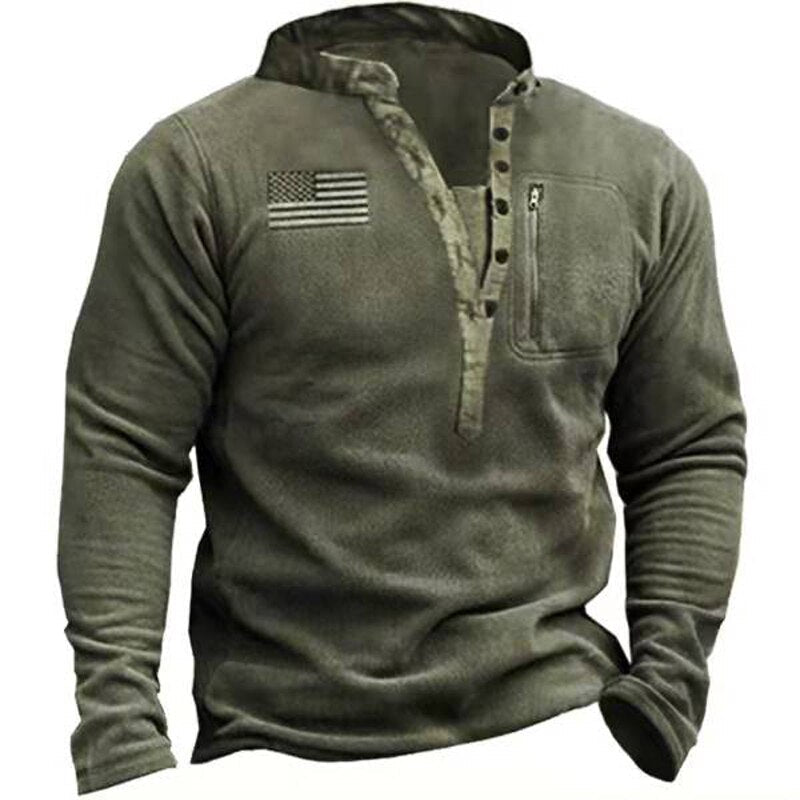 sanyamk Fashion Vintage Men Hoodie Pullover Outwear Solid Men Outdoor Fleece Warm Henley Collar Tactical Zip Pocket Sweatshrt Male Tops