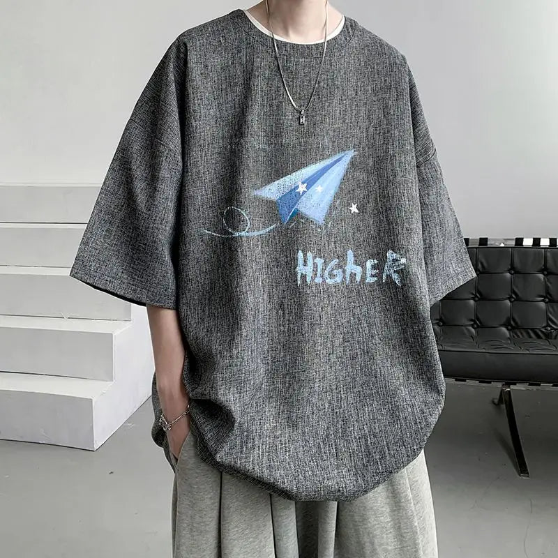 sanyamk - Men's Clothing Short Sleeve Round Neck Loose Straight Pullovers Solid Printing Handsome Simple Casual Streetwear T-Shirts