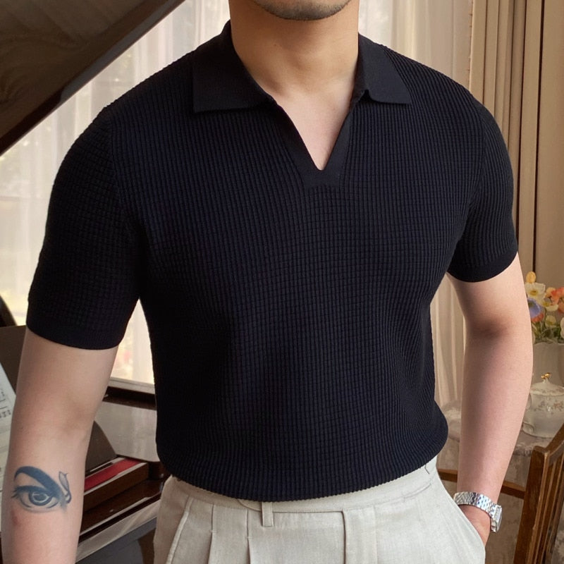 sanyamk Summer New V-neck Men's Solid Color Short-sleeved T-shirt British Slim Lapel Knitted Striped Casual Polo Shirt