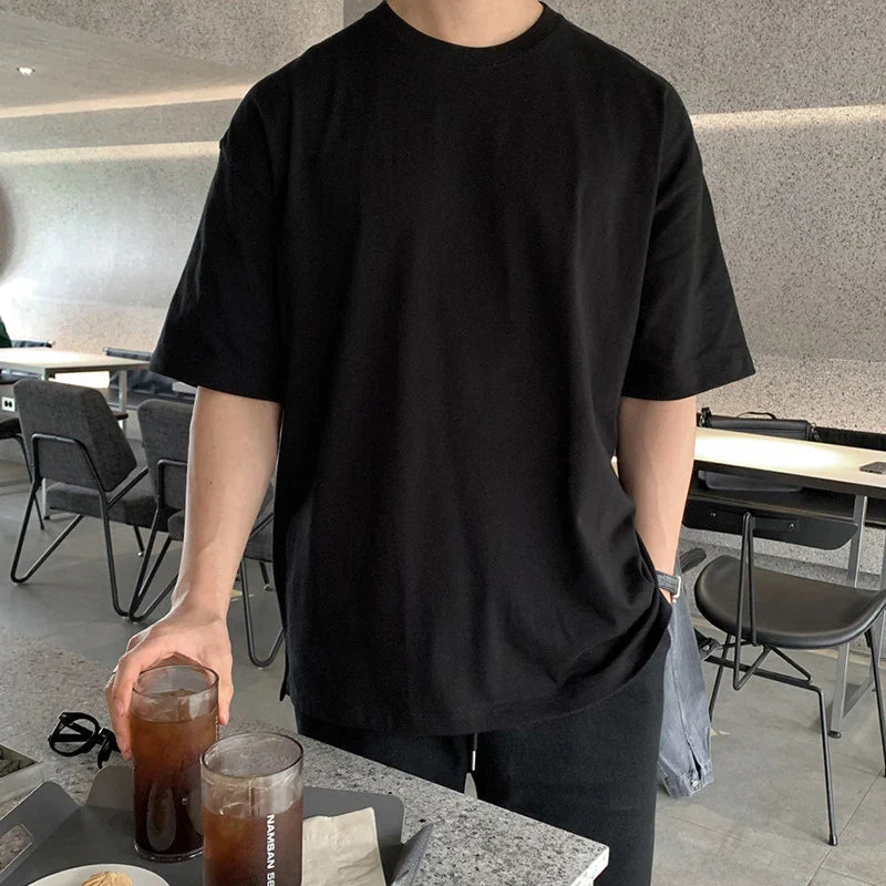 sanyamk - Summer Men T-shirts Round Neck Short Sleeve Tops Casual Solid Color Simple Male Pullover Solid Color Tees New Chic 9C6468