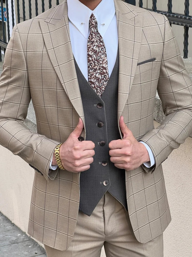sanyamk Beige Men Suit 3 Pieces Plaid Jacket Gray Vest One Button For Wedding Birthday Business Casual Set Jacket Vest With Pants