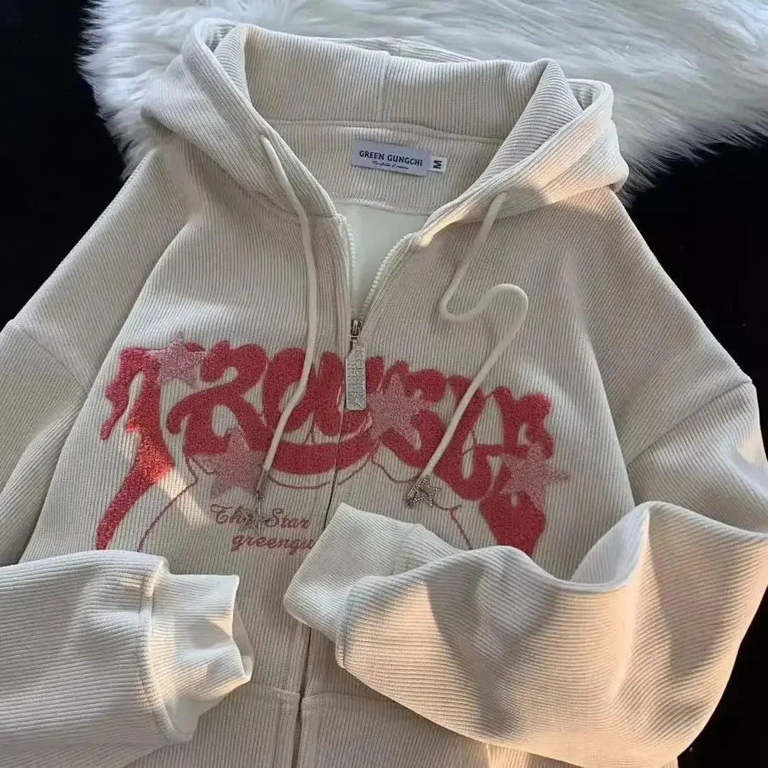 Bonsir Y2K Embroidered Hoodie Women Corduroy Autumn Winter Vintage Zip Up Oversized Sweatshirt Harajuku Long Sleeve Hooded