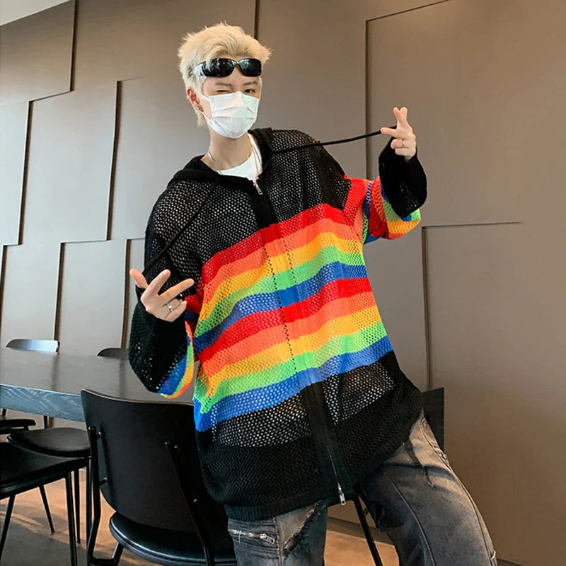 sanyamk - Korean Style Men's Hooded Casual Drawstring Hollow Out Zipper Striped Contrast Color Hooded Loose Male Sweatshirts 9C8026