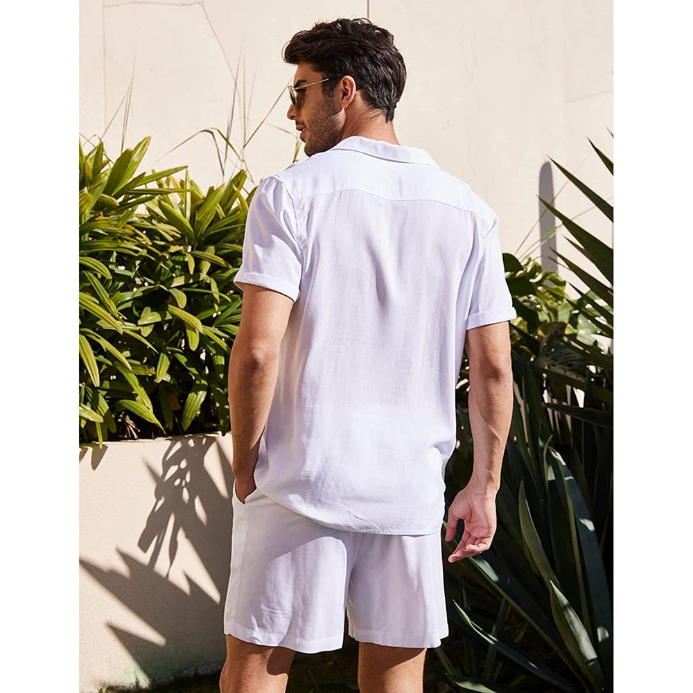 sanyamk Summer Cotton and Linen Men Suit Short Sleeve Shorts Solid High Quality 2 Piece Beach Outdoor Travel Casual Breathable Blazer