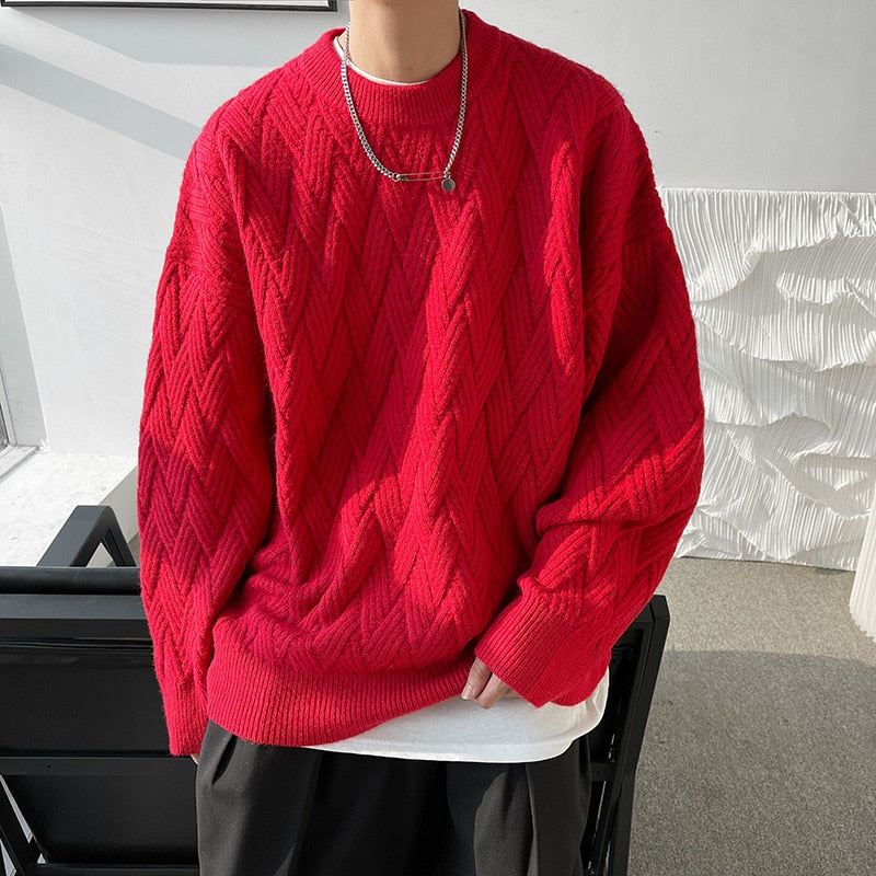 sanyamk Cable-knit Vintage Sweater Men Solid Color Loose Round Neck Male Pullovers Warm Fashion Unisex Casual Clothing