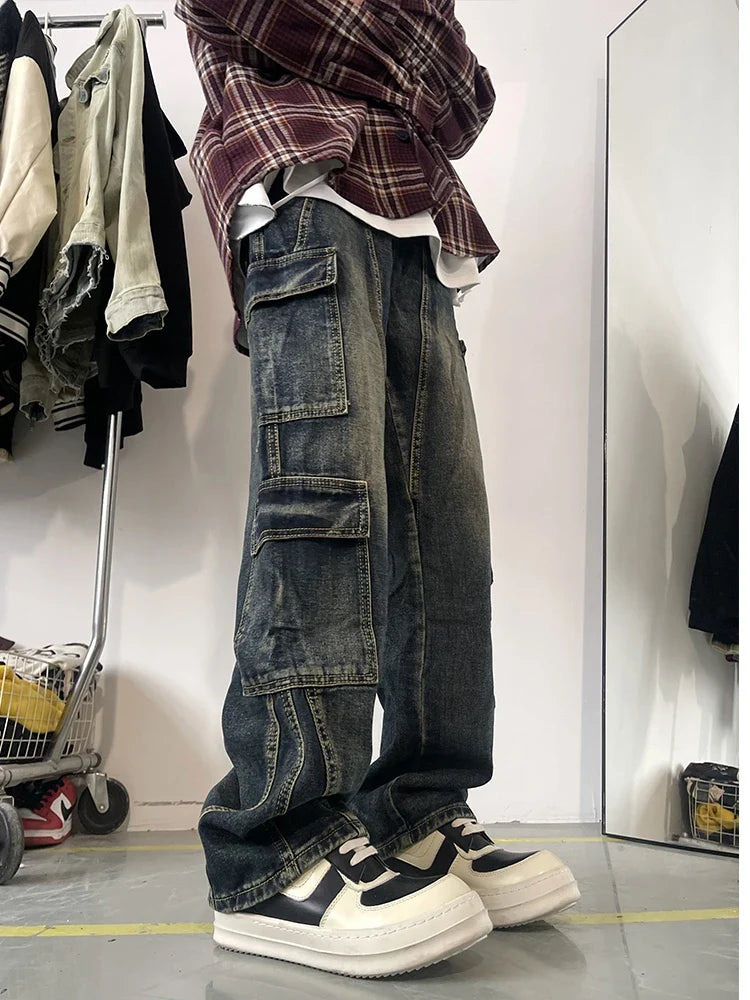 sanyamk New Men's Patchwork Muti-pockets Cargo Jeans Unisex Straight Casual Trousers Men Hip Hop Streetwear Vintage Fashion Pants