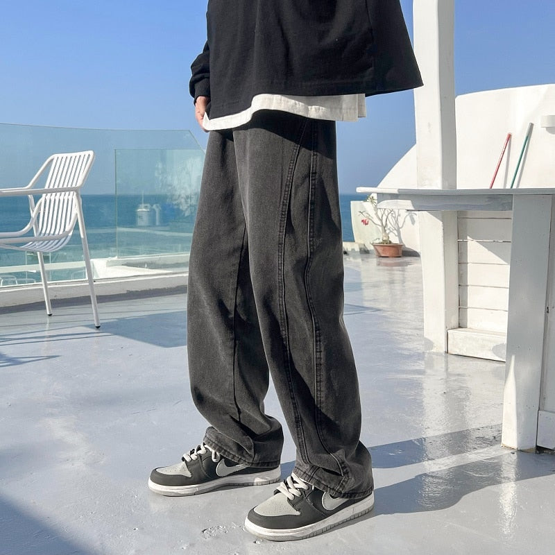 sanyamk Spring Summer New Casual Jeans Men Fashion Straight Loose Jean Pants Neutral Streetwear Solid All-match Wide-leg Trousers