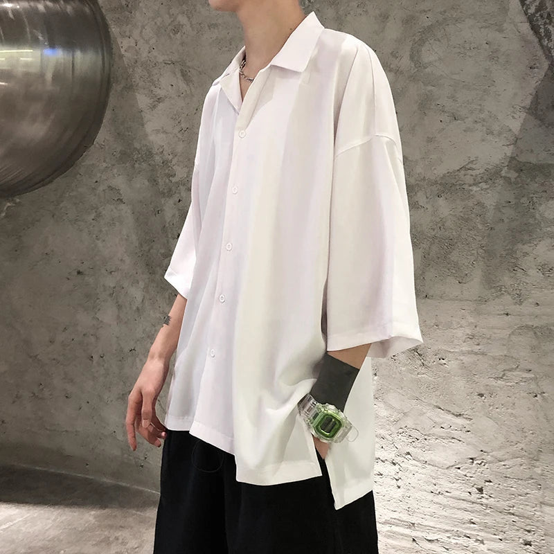 Bonsir Simple Solid Shirts Men Clothing Korean Loose Shirt Streetwear Chemise Homme Summer Half Sleeve Shirt Flat Collar Casual Tops