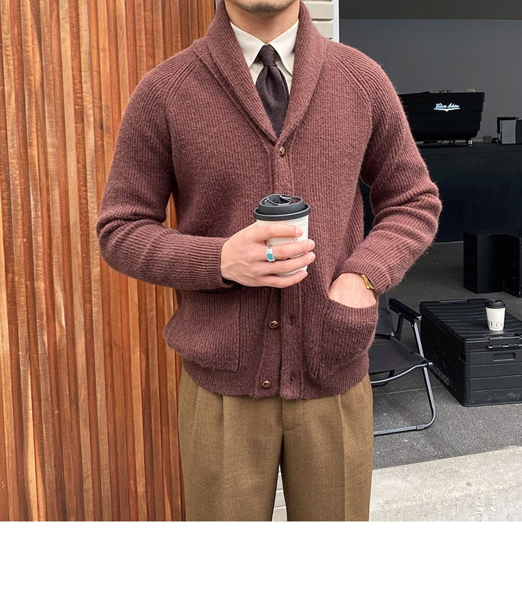 Bonsir Fall lapel Sweater Cardigan Men Knitting Pocket Sweaters Winter Warm Coat Men Single Breasted Top Cardigan Sexy Pleated Sweater