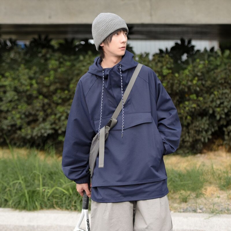Bonsir Autumn Pullover Jacket Men Fashion Casual Big Pocket Hooded Jackets Mens Japanese Streetwear Hip Hop Loose Bomber Jacket Men