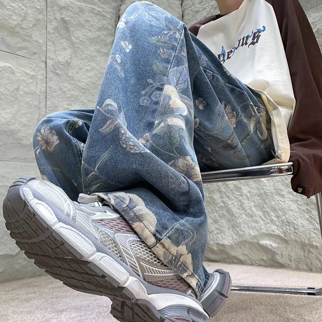 sanyamk Autumn Men Fashion Printed Jeans Denim Male Harajuku Trousers Korean Style High Street Loose Hip Hop Woman Wide-leg Jean Pants