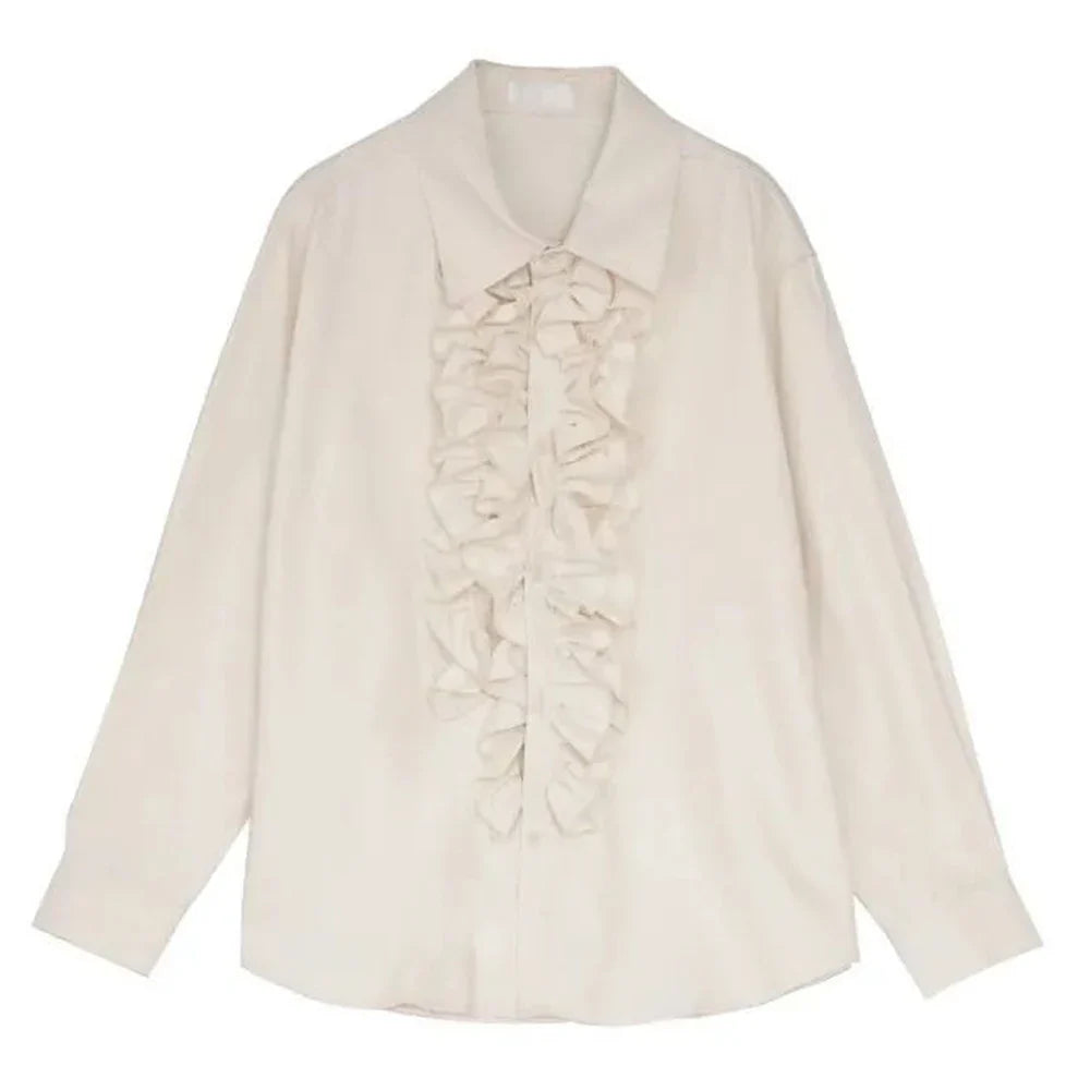 sanyamk Mens Palace Style Ruffled Long-Sleeved Shirt 2024 New Genderless Medieval Pleated Loose Retro Solid Color Stage Clothing Unisex
