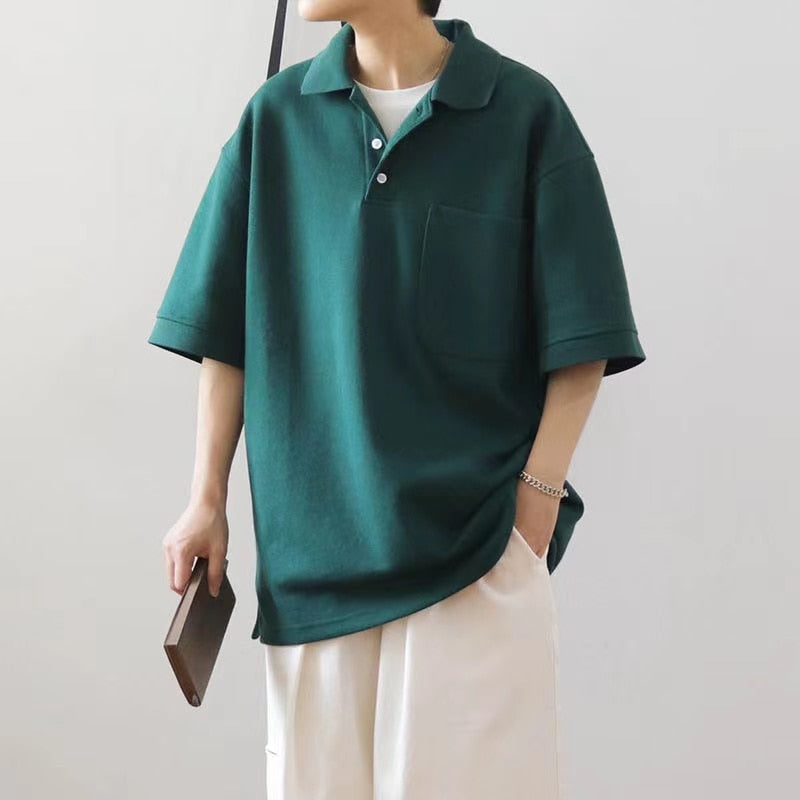 Bonsir Summer Men's Japanese Style Vintage Solid Color T-shirts Loose Casual Lapel Collar Short Sleeve Tshirt High-quality T Shirt