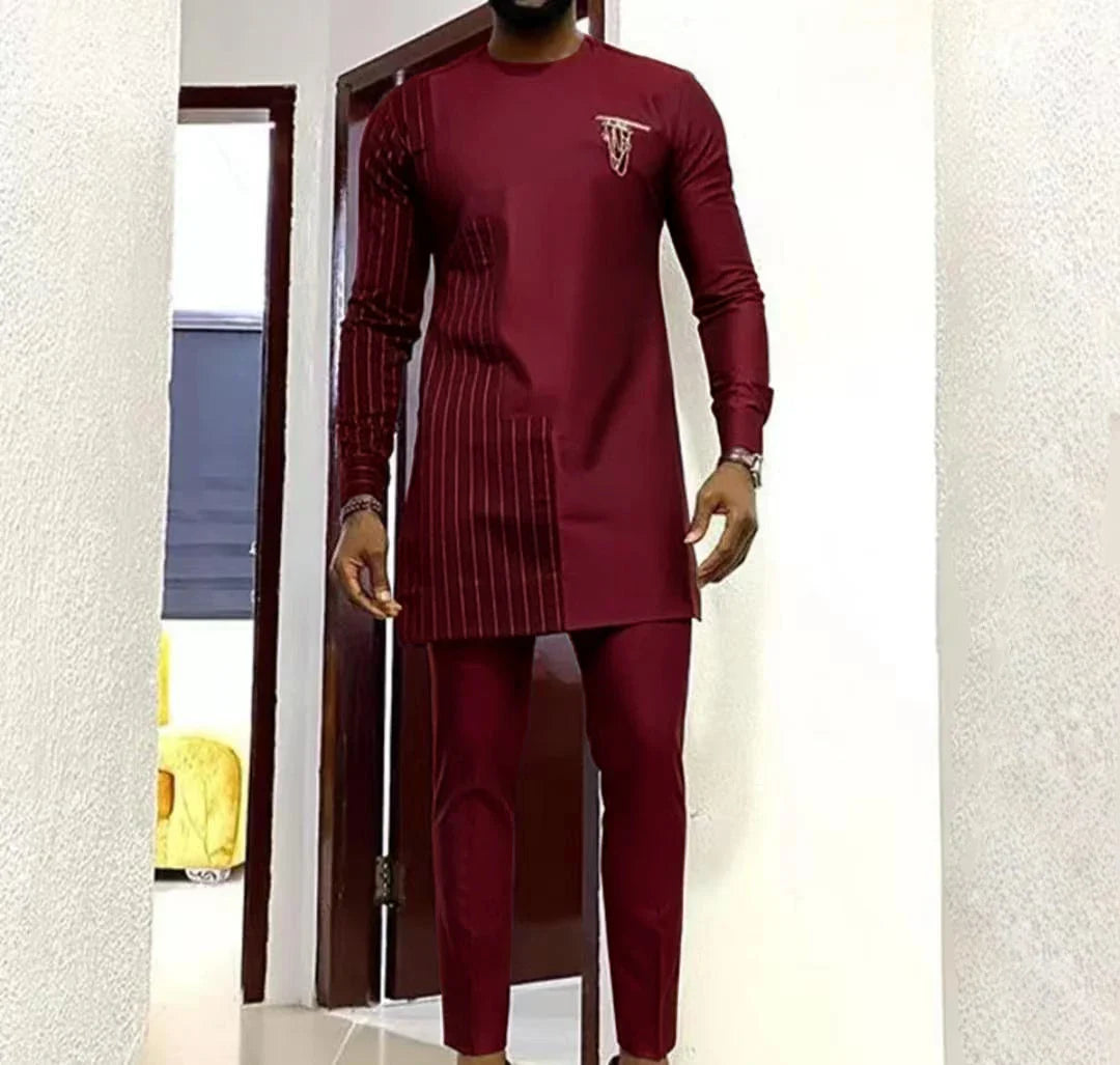 sanyamk - Kaftan Summer Men's Suits Short Sleeve Solid Top Pants Wedding African Ethnic Casual Wear Dashiki 2PCS Suit Fashion Men's Sets