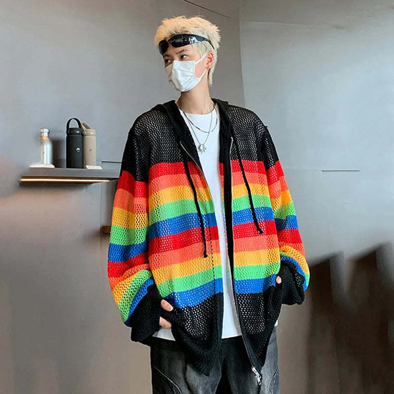 sanyamk - Korean Style Men's Hooded Casual Drawstring Hollow Out Zipper Striped Contrast Color Hooded Loose Male Sweatshirts 9C8026