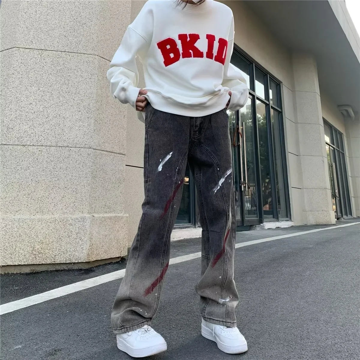 sanyamk High Street hiphop jeans Men's hip-hop Street work straight pants Black gray gradient speckled pants streetwear pantalon homme
